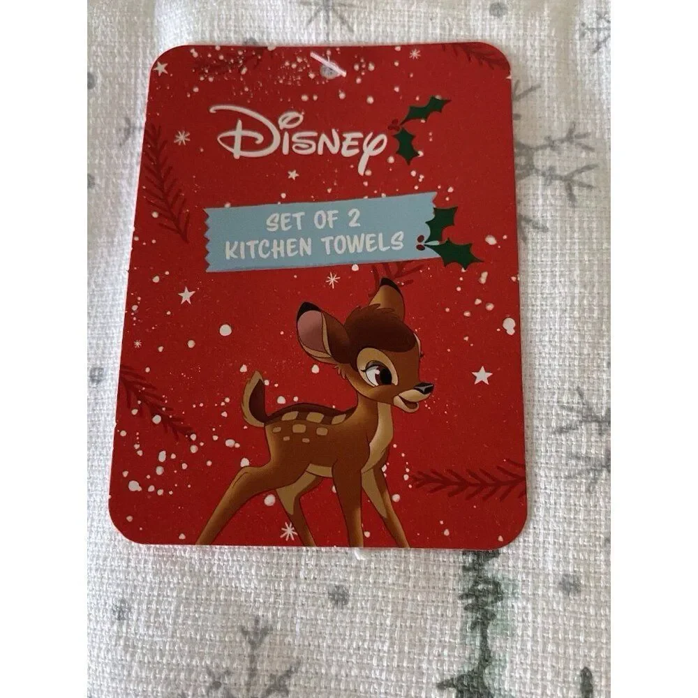 Set‎ Of 2 Disney Kitchen Towels Bambi and Mother Winter Pine Trees Holiday NEW
